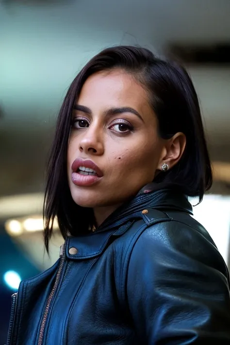 portrait photo, 1girl, beautiful 28yo woman in space, in crowded club, canelaskin, (wearing leather coat:1.2), dark, low lighting, portrait, hyper detailed, detailed face, POV, by lee jeffries nikon d850 film stock photograph 4 kodak portra 400 camera f1.6 lens rich colors hyper realistic lifelike texture dramatic lighting unrealengine trending on artstation cinestill 800
