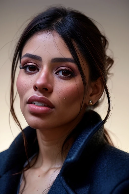 portrait photo, beautiful 28yo latina woman posing for the camera in crowded room, night club, canelaskin, (wearing wool coat:1.2), full body, evocative pose, dark, low lighting, portrait, hyper detailed, detailed face, POV, by lee jeffries nikon d850 film stock photograph 4 kodak portra 400 camera f1.6 lens rich colors hyper realistic lifelike texture dramatic lighting unrealengine trending on artstation cinestill 800