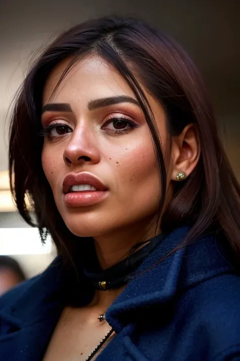 portrait photo, beautiful 28yo latina woman posing for the camera in crowded room, night club, canelaskin, (wearing wool coat:1.2), full body, evocative pose, dark, low lighting, portrait, hyper detailed, detailed face, POV, by lee jeffries nikon d850 film stock photograph 4 kodak portra 400 camera f1.6 lens rich colors hyper realistic lifelike texture dramatic lighting unrealengine trending on artstation cinestill 800