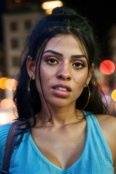 portrait photo, beautiful 28yo latina woman posing for the camera in crowded street, at night, canelaskin, (wearing sweatsuit:1.2), full body, dark, low lighting, portrait, hyper detailed, detailed face, POV, by lee jeffries nikon d850 film stock photograph 4 kodak portra 400 camera f1.6 lens rich colors hyper realistic lifelike texture dramatic lighting unrealengine trending on artstation cinestill 800