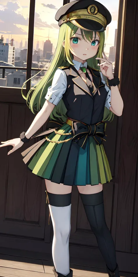 masterpiece,bast quality,official art,8K wallpaper,game cg, 1girl, green hair, solo, long hair, hat, wristband, thighhighs, straight-on, green eyes, bracelet, very long hair, green skirt, bow, tachi-e, black headwear, looking at viewer, military hat, skirt, standing, fishnet legwear, closed mouth, <lora:alina3:1>