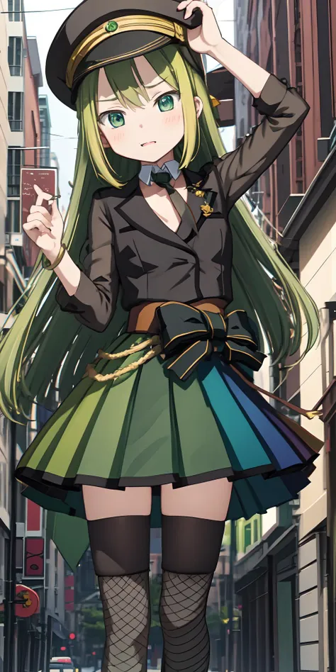 Anime girl in a green dress and hat walking down a street - SeaArt AI