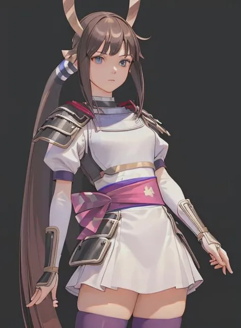 best quality, (masterpiece),(ultra-detailed), (high quality), (high resolution), <lora:heroine:0.7>,heroine, 1girl, solo, long hair, bangs, blue eyes, skirt, simple background, brown hair, thighhighs, white background, very long hair, ponytail, sidelocks, boots, armor, zettai ryouiki, sash, knee boots, purple thighhighs