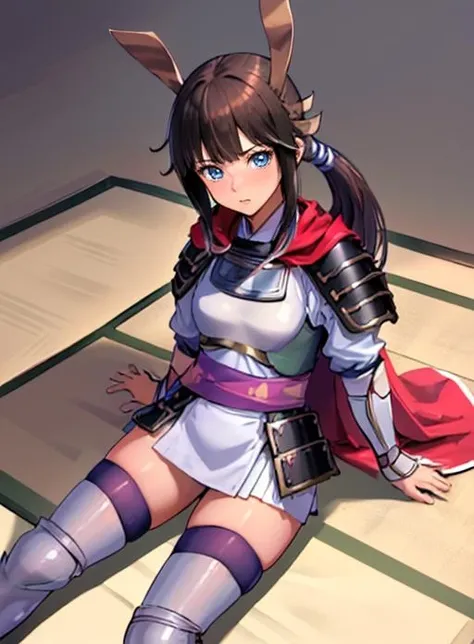 best quality, (masterpiece),(ultra-detailed), (high quality), (high resolution), <lora:heroine:0.7>,heroine, blue eyes, brown hair, long hair, ponytail, bangs, thighhighs, japanese clothes, japanese armor,cape, multicolored hair, looking at viewer, sitting,