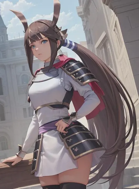 best quality, (masterpiece),(ultra-detailed), (high quality), (high resolution), <lora:heroine:0.7>,heroine, 1girl, solo, long hair, bangs, blue eyes, skirt, brown hair, thighhighs, very long hair, ponytail, sidelocks, boots,armor,