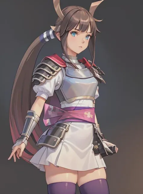 best quality, (masterpiece),(ultra-detailed), (high quality), (high resolution), <lora:heroine:0.7>,heroine, 1girl, solo, long hair, bangs, blue eyes, skirt, simple background, brown hair, thighhighs, white background, very long hair, ponytail, sidelocks, boots, armor, zettai ryouiki, sash, knee boots, purple thighhighs,blue eyes,