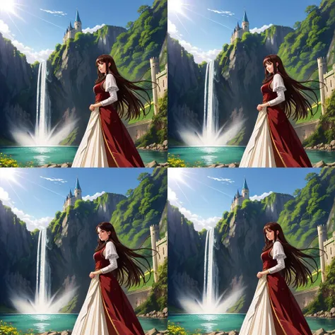 woman, dress, sharp focus, portrait, outdoors, intense sunlight, far away castle | close up woman | Hyper Detailed, waterfall