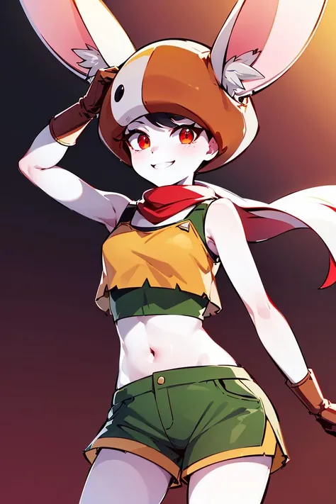 ((masterpiece,best quality)), absurdres,
<lora:Sorrel_DB:0.7>, Sorrel_DB, 1girl, (yellow crop top), green shorts, red eyes,
solo, smiling, looking at viewer, cowboy shot,
cinematic composition, dynamic pose,
