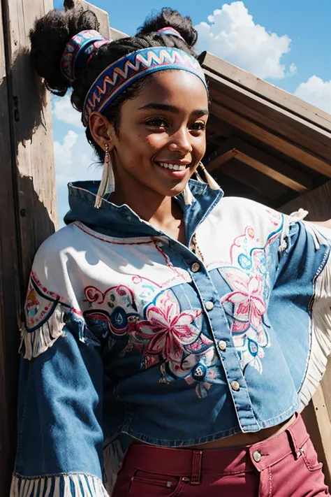 lilyms, dark skin, jewelry, headband, pink shorts, poncho, fringe trim, tribal clothes, looking at viewer,serious, smiling, close up portrait, outside, blue sky, extreme detail, masterpiece, <lora:Lily:.8>