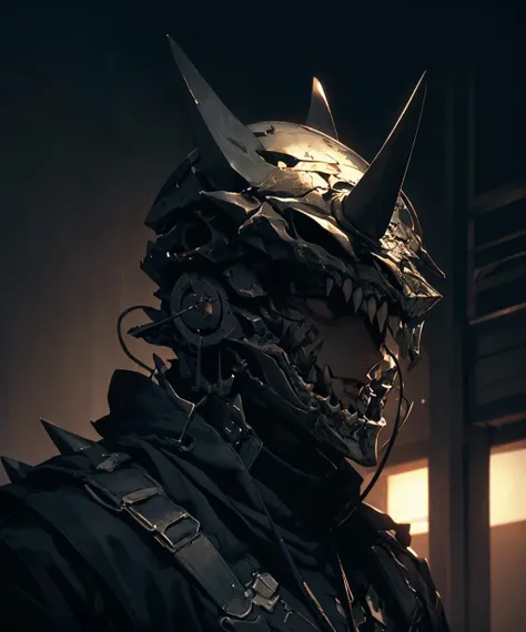 a man disguised with a black mask and a black hood, wearing an all black mask, wearing a dragon mask, demon Samurai mask, monster mask, detailed mask, cute japanese demon boy, They mask, wearing wooden mask, techwear occultist, Samurai mask, wearing Japanese techwear, with tusks, pointy mask, full mask