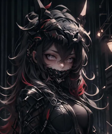 dark theme, yukimuro, jht, 1girl, (((covered mouth))), long hair, zipper, armor, eyelashes, headgear, looking at viewer, upper body, solo, <lora:jaw_hood_tooth-08:0.8> <lora:Yukimuro-02:1> <lora:add_detail:1> <lora:LowRA:0.3>