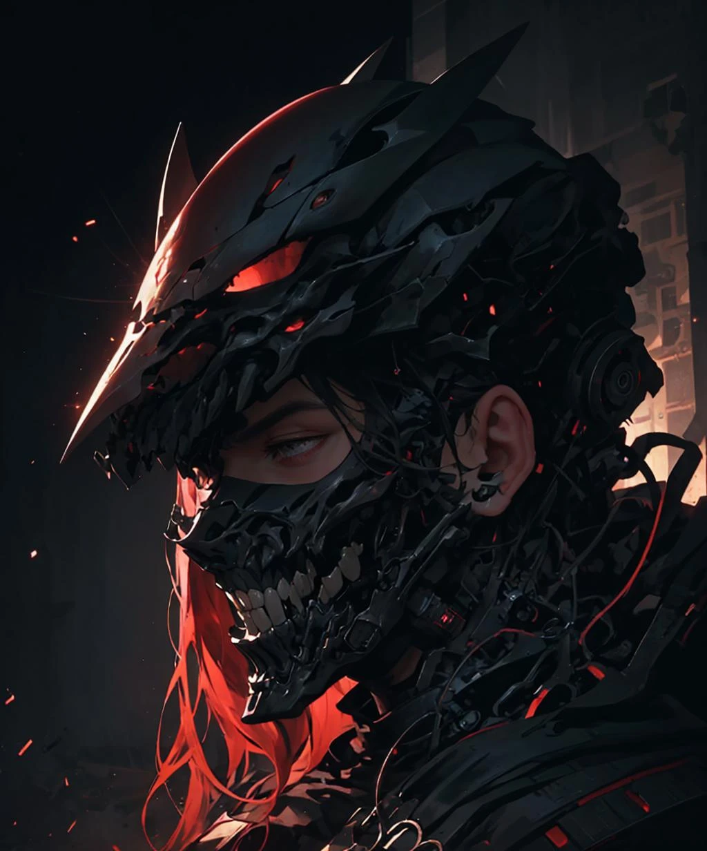 masterpiece, jht, dark theme, 1man, armor, bulletproof vest, mask, mouth mask, spike, wire, upper body, <lora:LowRA:0.2>, <lora:jaw_hood_tooth-08:0.7>