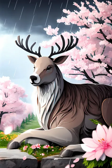A silver-coated reindeer, blossoming flowers, cherry blossoms, springtime rain, <lora:reindeer_papercut_v12:1>