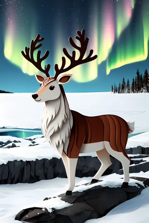 a spotted reindeer, tundra, lake, aurora borealis, <lora:reindeer_papercut_v12:0.25>