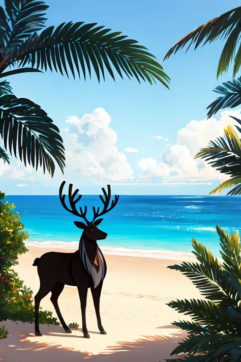 a black reindeer, island, palms, beach, <lora:reindeer_papercut_v12:0.75>