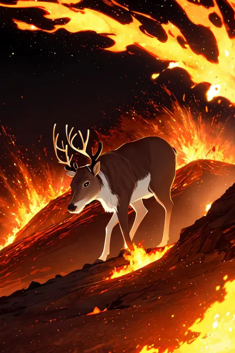 a brown reindeer, vulcano, lava, <lora:reindeer_papercut_v12:0.25>