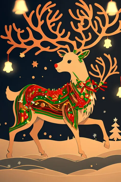 red reindeer, christmas tree and lights in the background, <lora:reindeer_papercut_color_variance:0.75>, rndr