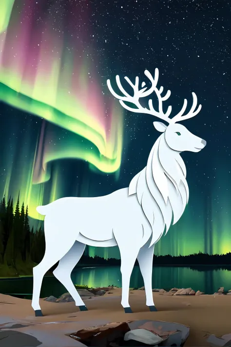 a silver reindeer, tundra, lake, aurora borealis, <lora:reindeer_papercut_v12:0.5>