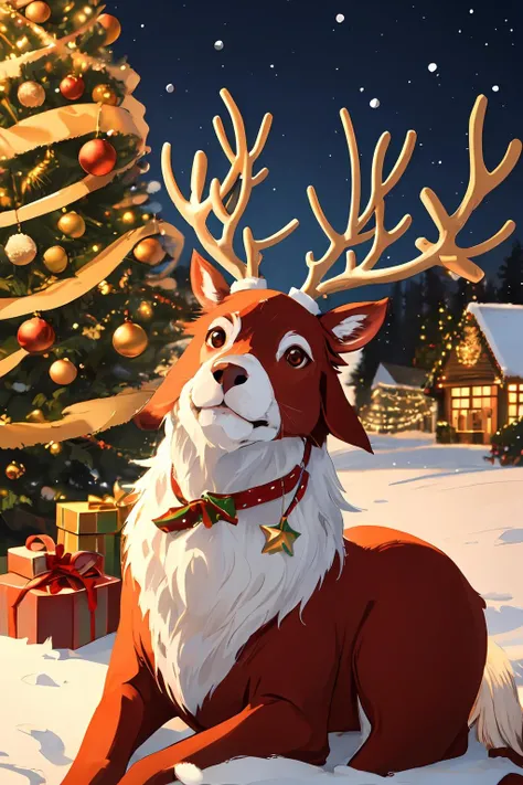 red reindeer, christmas tree and lights in the background, <lora:reindeer_papercut_color_variance:0.25>,
