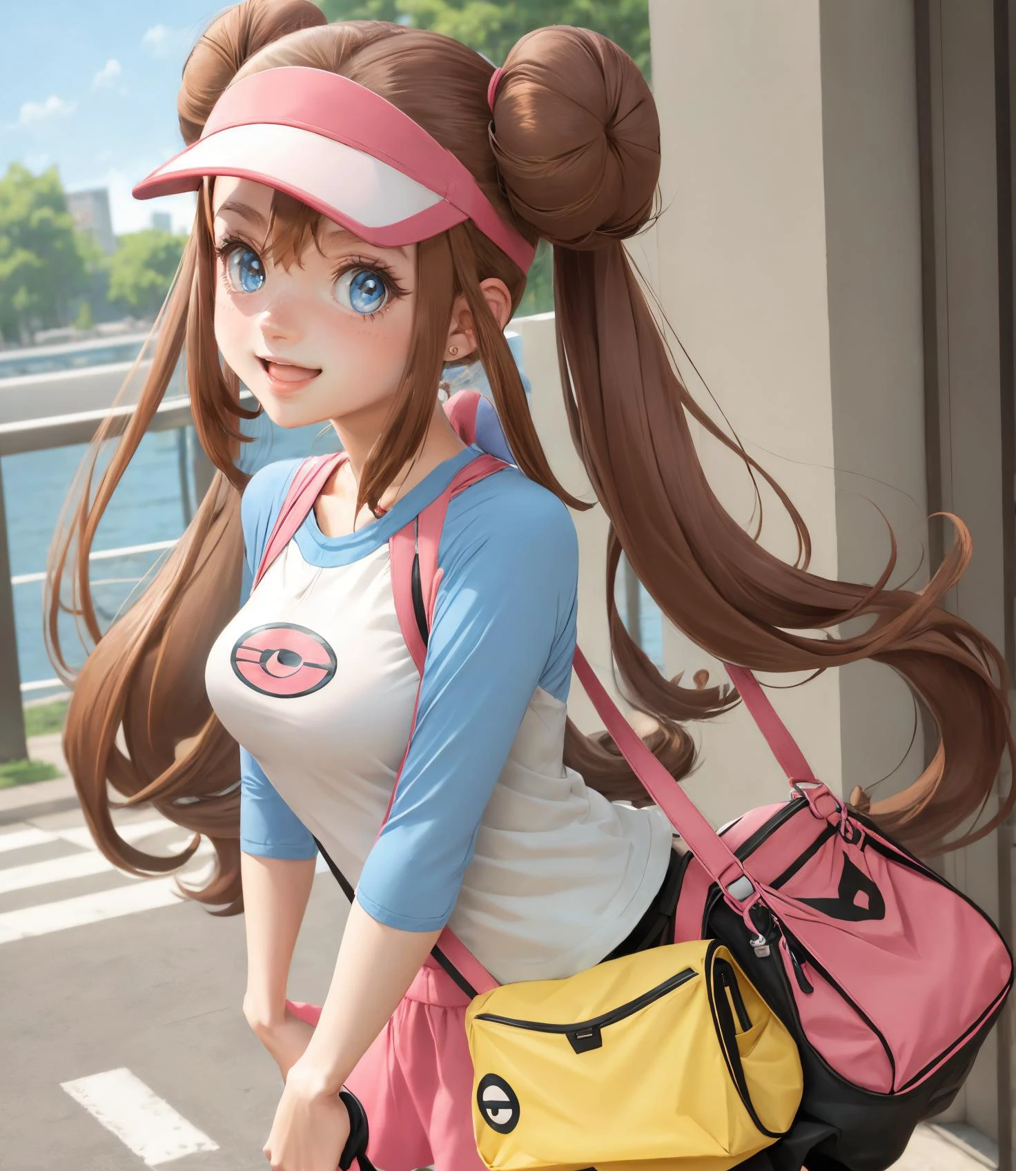 solo, twintails, raglan sleeves, pink bow, breasts, black pantyhose, shorts, pantyhose, handbag, brown hair, open mouth, visor cap, pantyhose under shorts, blue eyes, bag, long hair, double bun, rosa \(pokemon\), very long hair, hair bun, bow, smile, 1girl <lora:RosaPokemon:0.6>