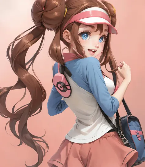 solo, twintails, raglan sleeves, pink bow, breasts, black pantyhose, shorts, pantyhose, handbag, brown hair, open mouth, visor cap, pantyhose under shorts, blue eyes, bag, long hair, double bun, rosa \(pokemon\), very long hair, hair bun, bow, smile, 1girl  <lora:RosaPokemon:0.6>