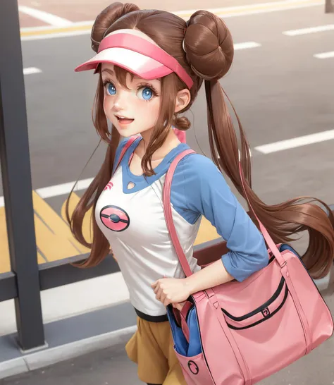 solo, twintails, raglan sleeves, pink bow, breasts, black pantyhose, shorts, pantyhose, handbag, brown hair, open mouth, visor cap, pantyhose under shorts, blue eyes, bag, long hair, double bun, rosa \(pokemon\), very long hair, hair bun, bow, smile, 1girl  <lora:RosaPokemon:0.6>