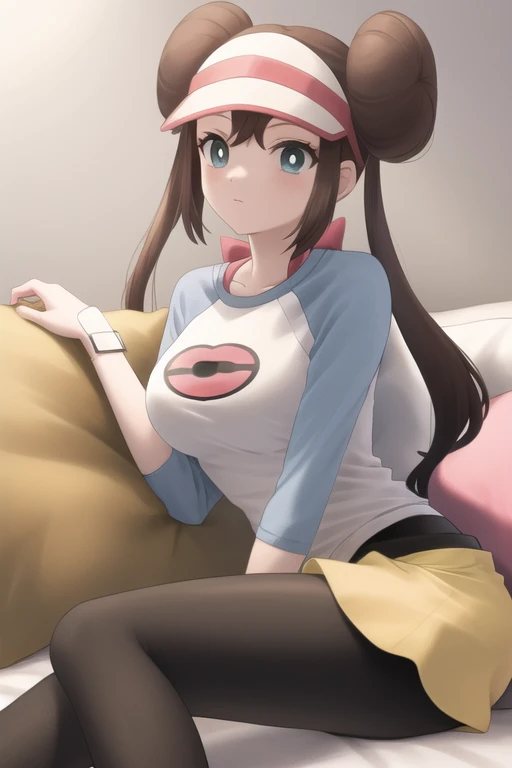 masterpiece, best quality, highres, <lora:RosaPokemon:1>, shorts, pantyhose, visor cap, legwear under shorts, raglan sleeves, yellow shorts, black pantyhose, shirt, short shorts, indoors, sitting on pillow, pillow,