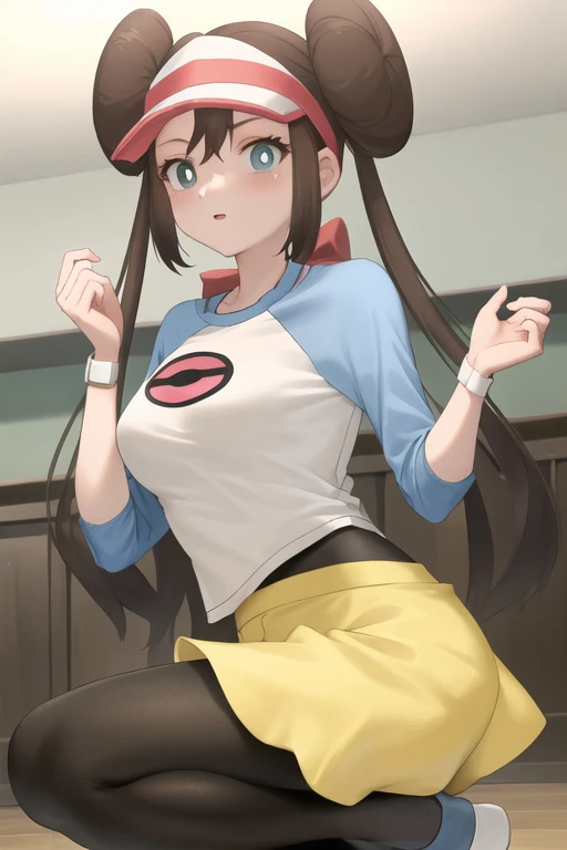 masterpiece, best quality, highres, <lora:RosaPokemon:1>, shorts, pantyhose, visor cap, legwear under shorts, raglan sleeves, yellow shorts, black pantyhose, shirt, short shorts, indoors,