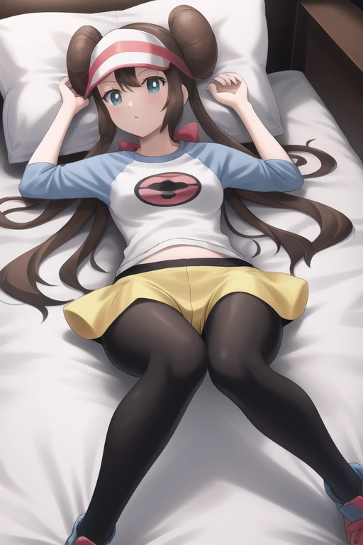 masterpiece, best quality, highres, <lora:RosaPokemon:1>, shorts, pantyhose, visor cap, legwear under shorts, raglan sleeves, yellow shorts, black pantyhose, shirt, short shorts, indoors, on back, lying, bed sheet, pillow,
