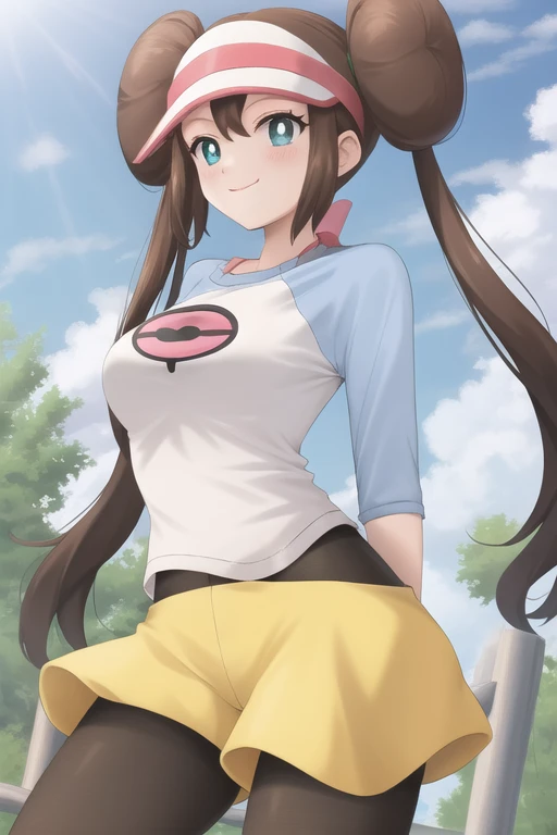 masterpiece, best quality, highres, <lora:RosaPokemon:1>, shorts, pantyhose, visor cap, legwear under shorts, raglan sleeves, yellow shorts, black pantyhose, shirt, short shorts, outdoors, smile,