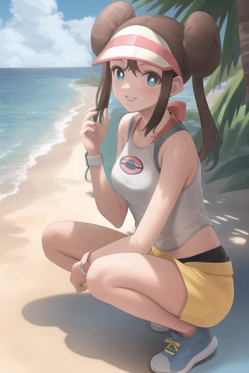masterpiece, best quality, highres, <lora:RosaPokemon:1>, shorts, visor cap, yellow shorts, short shorts, outdoors, smile, sneakers, shoes, beach, ocean, bikini shorts, (((swimsuit))), (((bikini))),