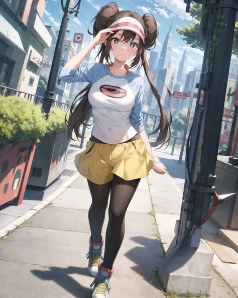 (masterpiece:1.5), illustration, 4k, 8k, (high quality:1.1), highly detailed, detailed face, HDR, vivid colors, natural lighting, (pretty eyes), beautiful face, full body, 1girl, <lora:RosaPokemon_v10:0.8>, shorts, pantyhose, visor cap, legwear under shorts, raglan sleeves, yellow shorts, black pantyhose, shirt, short shorts, standing, pointing at viewer, looking at viewer, outdoors, city, skyline, city lights, tree,