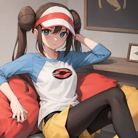 ((masterpiece)), ((best quality)), 1girl, <lora:RosaPokemon_v10:0.5>, shorts, pantyhose, visor cap, legwear under shorts, raglan sleeves, yellow shorts, black pantyhose, shirt, short shorts, indoors, sitting on pillow, crossed legs