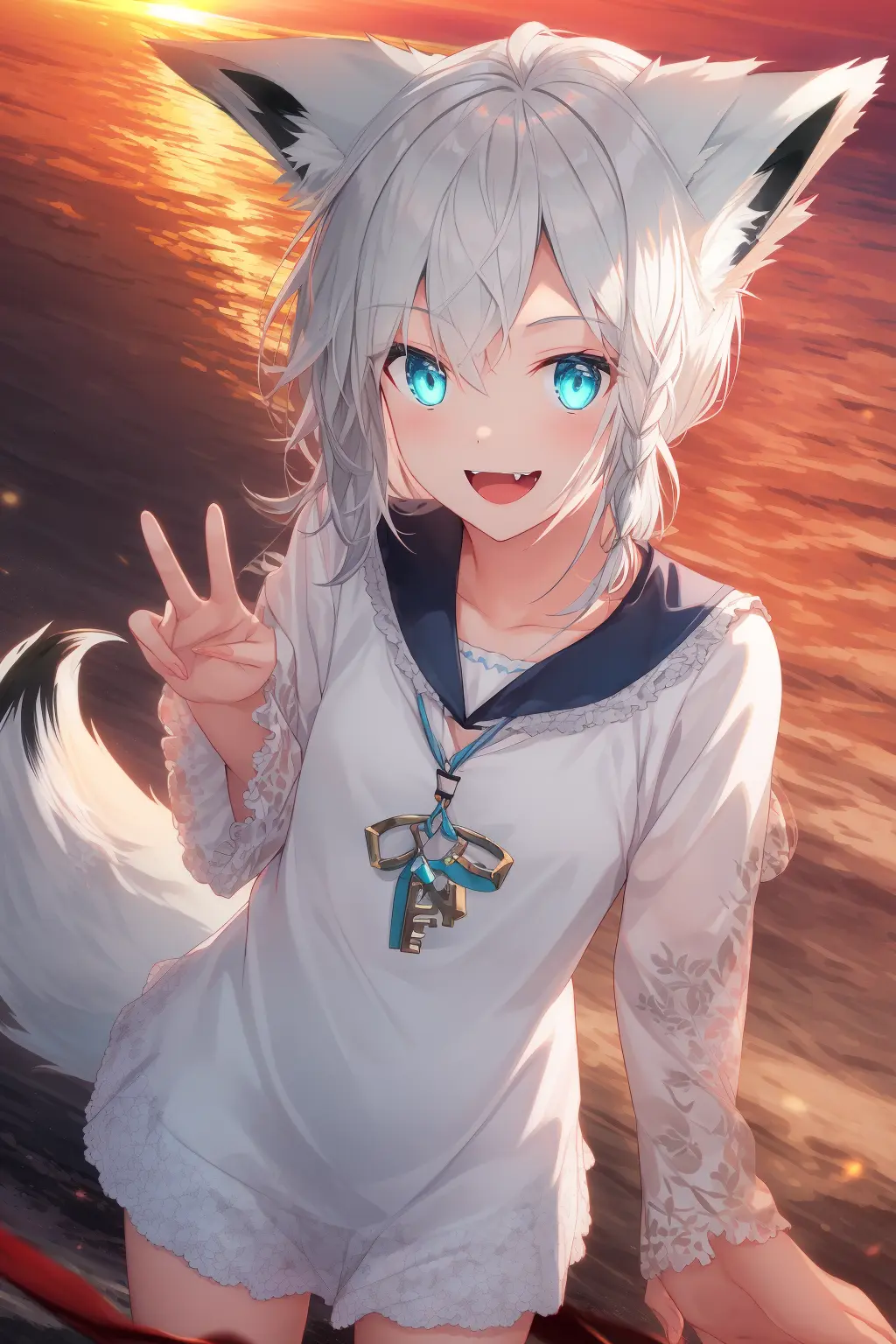 (animal ear fluff, fox ears:1.05), 1girl, shirakami fubuki, looking at viewer, contrapposto, v over eye,
(open mouth:0.5), (fangs:1.0), (grin:0.8), crazy eyes, (smile:0.7), looking at viewer,
cowboy shot, detailed background, light particles, sunset, rim light, key light, from above, hand on own cheek,
chiaroscuro, subsurface scattering, volumetric lighting, (mydressupdarling:0.3), intricate game cg, exceptional, masterpiece, extremely detailed