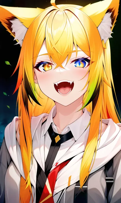 (cat ears, animal ear fluff:1.05), 1girl, blonde hair, multicolored hair, long hair, sidelocks, upper body, solo, [gradient eyes|glowing eyes|orange eyes|blue eyes], detailed background, light particles, open mouth, fangs, clenched teeth, v over eye, looking at viewer, (smile:0.6),exceptional, masterpiece, extremely detailed, vivid colours, 8k, tone mappd