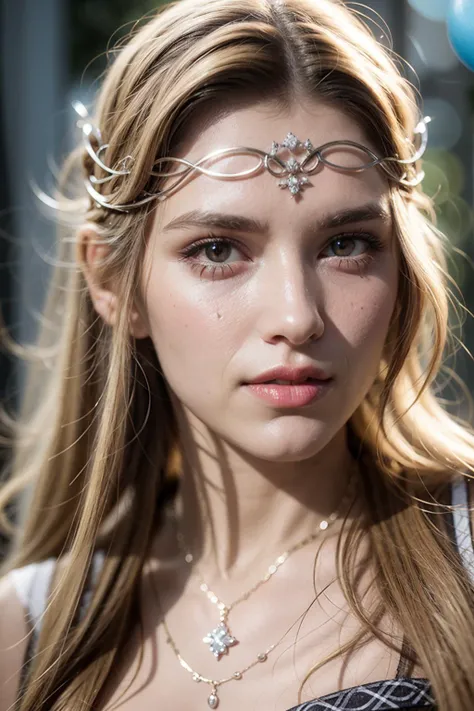 (realistic:1.3), finely detailed, quality, rembrandt lighting, (masterpiece:1.2), (photorealistic:1.2), (best quality), (detailed skin:1.3), (intricate details), dramatic, ray tracing, 1girl, celtic girl, 21 years old, detailed skin texture, (blush:0.5), (goosebumps:0.5), subsurface scattering, smiling, medium breasts, high ponytail, blonde hair, bangs, hair between eyes, elf_crown, circlet, jewels, necklace, jewelry, elegant dress, upper body, portrait shot, (bright sunny day), <lora:celtic_crown:0.8>