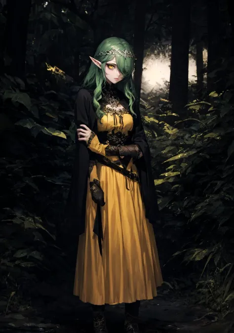 dark theme, elf_crown, gavial, 1girl, solo, green hair, hair over one eye, yellow eyes, (eyeliner: 1.21), head rest, circlet, forest background, cowboy shot, full body, solo, <lora:Gavial-04:0.8>, <lora:celtic_crown-01:0.8>, <lora:LowRA:0.6>, <lora:menositanikuma2:0.8>