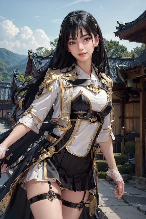 ,(8k, RAW photo, best quality, masterpiece:1.2), High detail RAW color photo, professional photograph
,(realistic, photo realistic:1.35), ((best quality)), (masterpiece:1.5), (best quality:1.2),(cinematic light)
,(looking at viewer,body shot:1.2),
<lora:Edo_v1:0.57>(Edo),black hair, long hair, straight hair,hairband, white japanese clothes,wide sleeves,white sleeves,white gloves,green skirt, one thigh strap,bare thighs
,(ultra-detailed black hair,hair tangle streak)
,Japanse castle background
,<lora:epi_noiseoffset2:1>dark studio, rim lighting, two tone lighting, dimly lit, low key