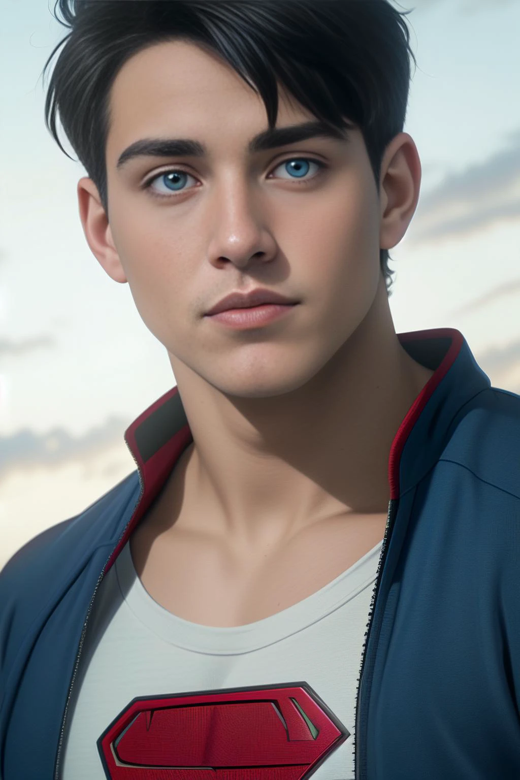 male, face, body, 1boy, realistic, ultra quality, highly detailed, ultra HD, <lora:YoungClark:ungclark, blue eyes, black hair, male focus, superboy