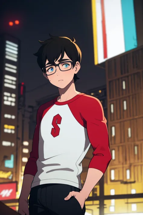 masterpiece, best quality, 1boy, black hair, short hair, blue eyes, glasses, shirt, raglan sleeves, pants, solo, upper body, looking at viewer, cyberpunk, solo, neon light, night, cyberpunk city background <lora:YoungClark:1>