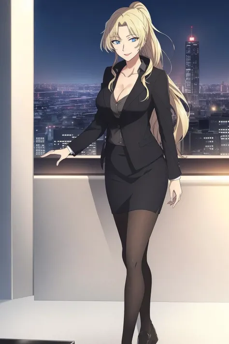 masterpiece,best quality,solo,,outdoor,bangs,blonde_hair, blue_eyes,cleavage,(middle score),smile,whole body,night,high ponytail, long hair,
jacket,office lady,skirt, black legwear,
outdoors, cityscape,
<lora:Vermouth_Detective:0.6>