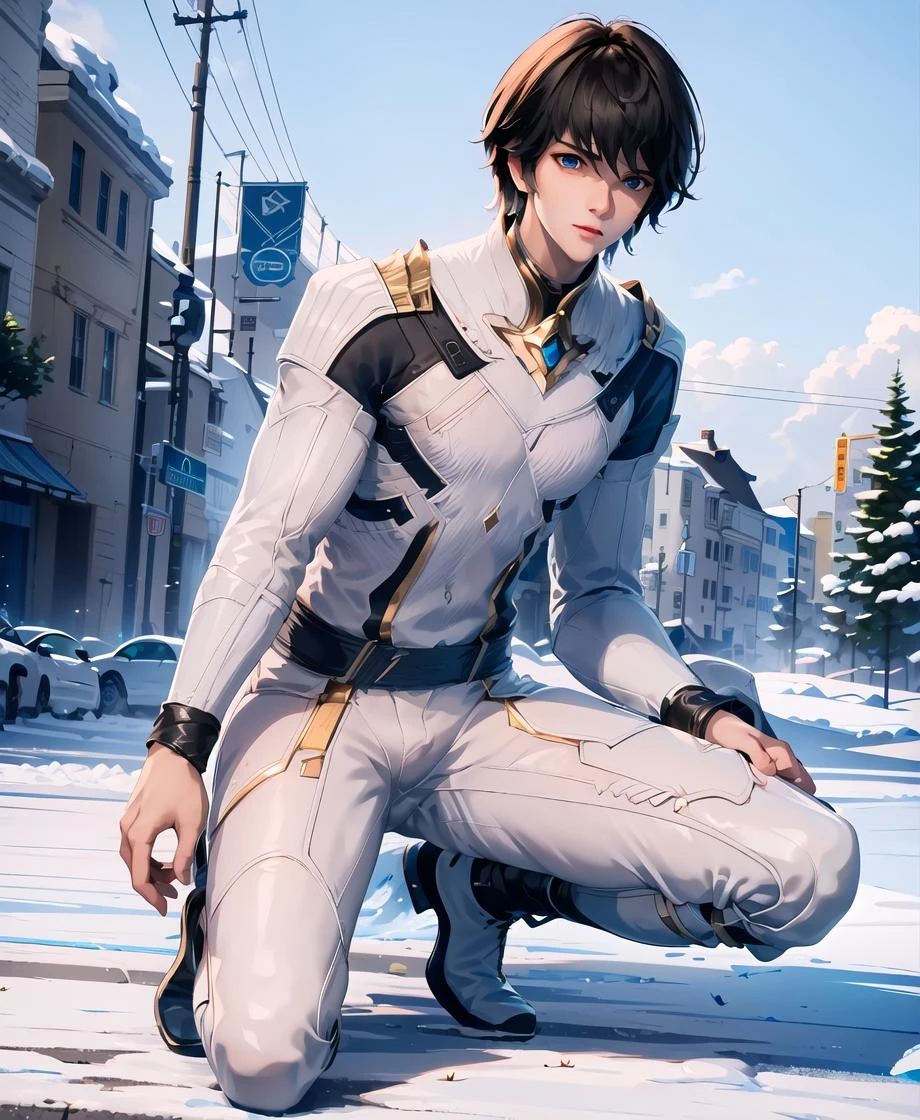 1boy,male focus,absurdres,street,landscape,black hair,blue eyes,full body,looking_at_viewer,highres,one knee,white,close mouth,(white boots:1.1),adjusting_clothes,arm support,clenched hands,white pants,