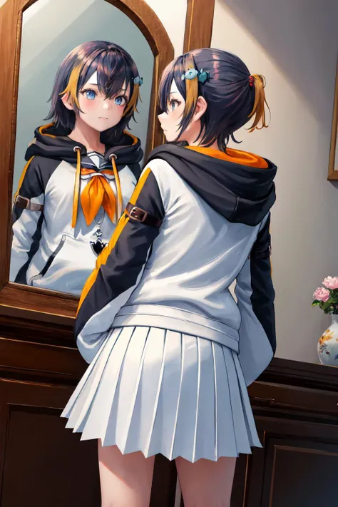 masterpiece, (detailed, highres, best quality), 1girl, <lora:DualPersonaReflection:1> IncrsDualPersonaRef, mirror, <lora:sppetraGurin:1> gurin1st, fish hair ornament, hoodie, white hoodie, penguin hood, sleeves past fingers, sailor collar, white skirt, from behind, from below