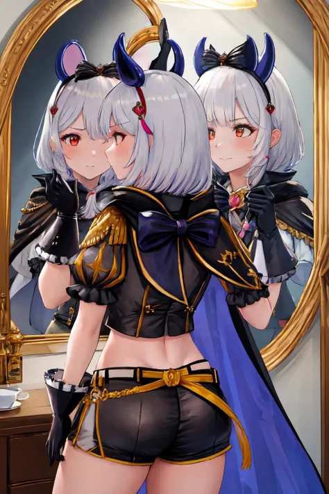 masterpiece, (detailed, highres, best quality), from behind, 1girl, <lora:DualPersonaReflection:1> IncrsDualPersonaRef, mirror, <lora:spgbfVikala:0.8> vikalahw, fake animal ears, hair bow, black gloves, grey crop top, puffy shorts, cape, midriff