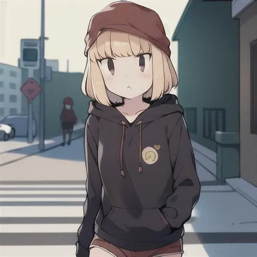 (masterpiece, best quality), 1girl, solo, uchi-emiri, (uchi-emoji-face:1.3), :<, black hooded pullover, red cap, brown shorts, street background, walking, looking at viewer, american shot, <lora:uchi-emiri-10-v2:0.8>