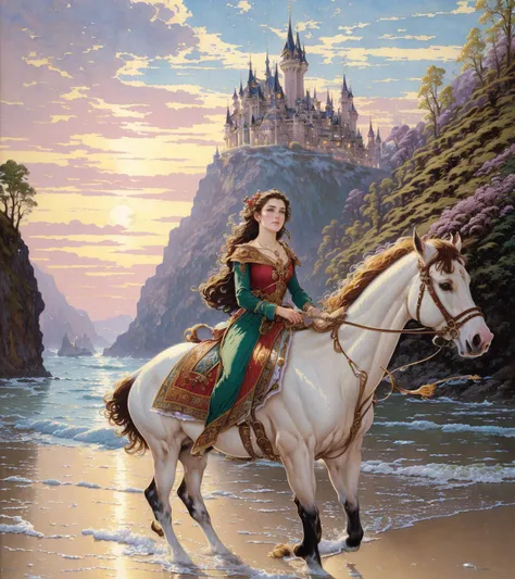 a woman <hypernet:StylizaraV2:0.9> photo of, a strong and beautiful woman riding a magnificent white horse along the sandy beach during sunset. the waves crashing on the shore create a mesmerizing background for the woman and her horse, ((evoke the peacefulness of the moment)), calming colors, vivid, serene, picturesque, ((in the style of thomas kinkade)), best quality, high quality, highres, high resolution fix, perfect illumination (and here is your imagination)