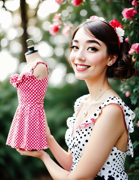 a woman, polka dot dress, <hypernet:StylizaraV2:0.7>