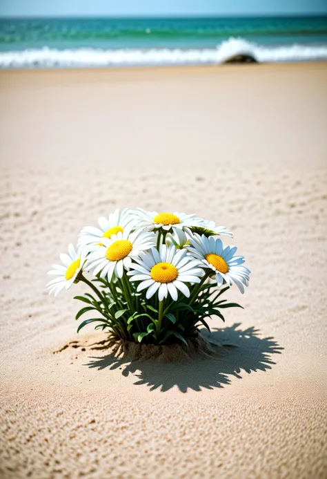 Bavarian ([Daisy:Daisies:2]:1.2) , Ceramic and Groovy, Rule of Thirds, Geeky beach, Hazy conditions, soft focus, Suffering, hard light, 50mm, professional, (sfw:1.1)