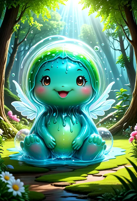 Envision a whimsical fantasy world where a colossal, cute, blushed, and irresistibly translucent transparent ethereal very Happy Summer flowers and sunlight slime takes center stage. Picture the slime with a mischievous charm, its surface reflecting a soft glow. Amidst its translucent body, an unexpected sight catches the eye  Butterflies suspended within its stomach. This charming and slightly perplexing scene invites you to explore the magical and endearing mysteries of this fantastical realm, where even the most mundane objects take on a delightful and surreal twist within the embrace of the giant, lovable slime.