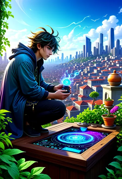 Abstract realism style with a blend of realistic elements and abstract interpretations, a Time-traveling sorcerer with mysterious artifacts at a Rooftop garden overlooking the city, ultra-fine digital painting, Gorgeous splash of vibrant paint, ais-graffiti, abstract realism, blend, realistic elements, abstract interpretations, innovative, experimental, dynamic, thought-provoking